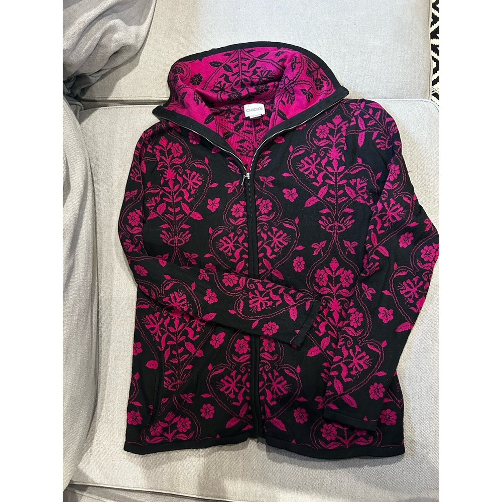 Chicos Cardigan Zip Up Sweater Sz 1 (8/10) Silk Blend Floral Pink Magenta Black